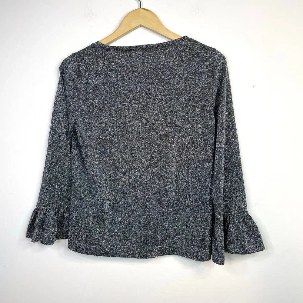 J Crew Metallic Sparkle Knit Bell Ruffle Sleeve Tee Top shirt Charcoal Gray M